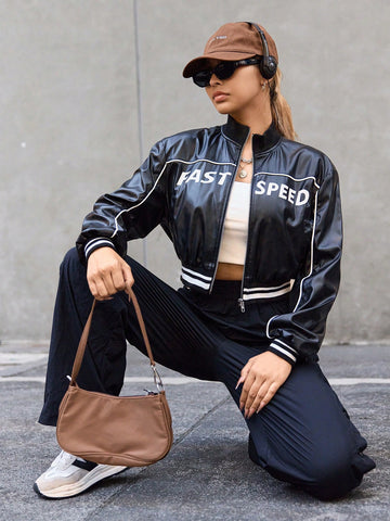 Letter Graphic Contrast Piping Drop Shoulder PU Leather Jacket