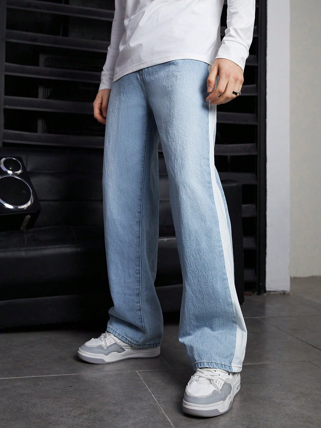 Men's Non-Stretchy Wide Leg Side Striped Color Block Regular Fit Denim Jeans