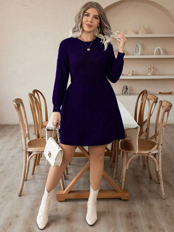 Plus Size Solid Color Knitted Sweater Dress