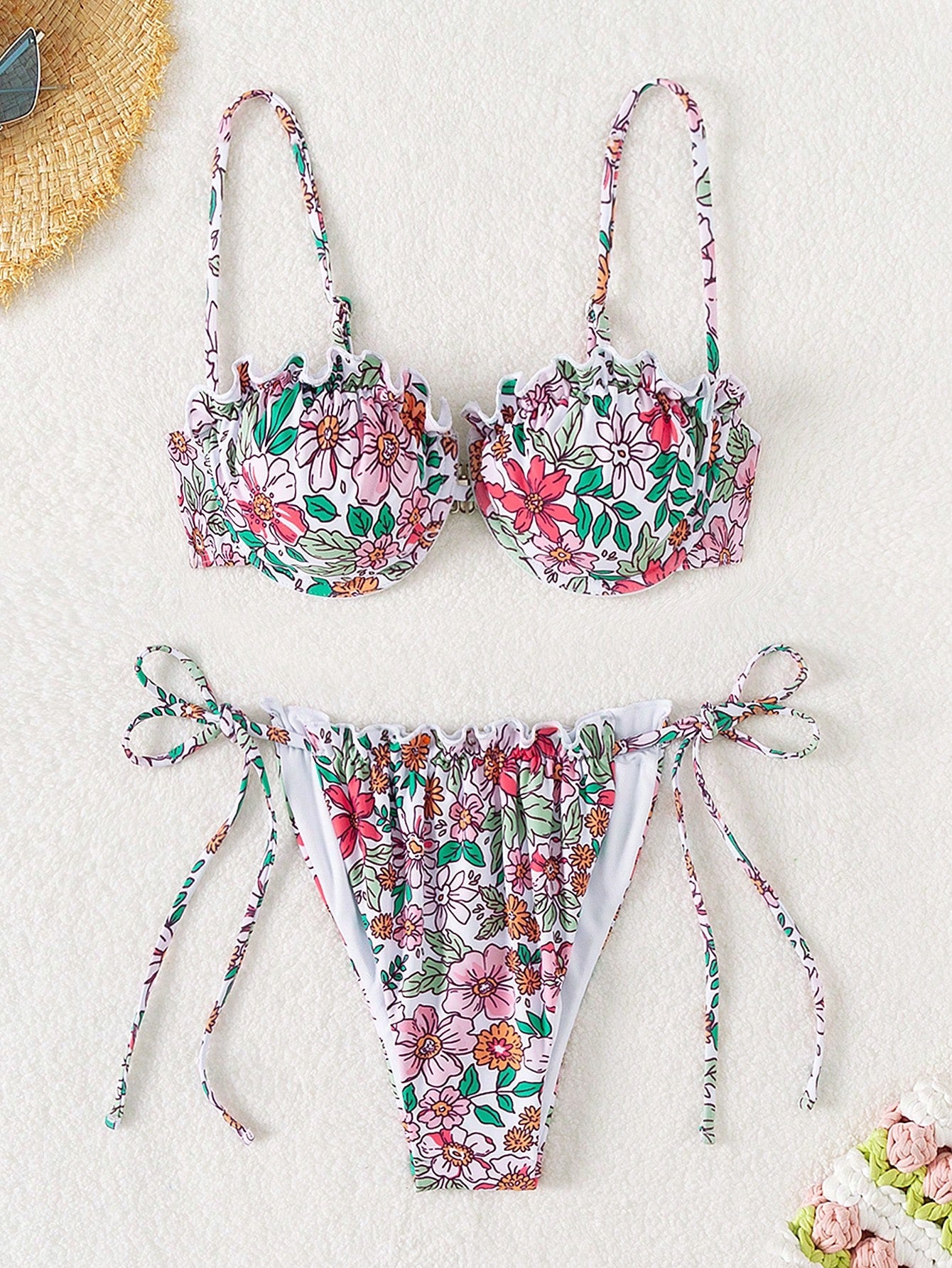 Random Floral Print Ruffle Trimmed Bikini Set With Knot Detailing And Side Ties New Year