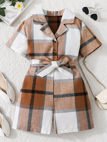 Tween Girls Plaid Belted Romper