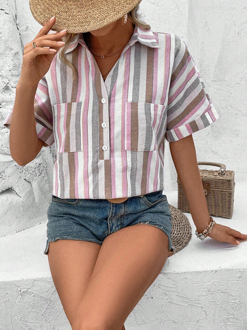 Striped Blouse With Half Button Placket And Double Pockets