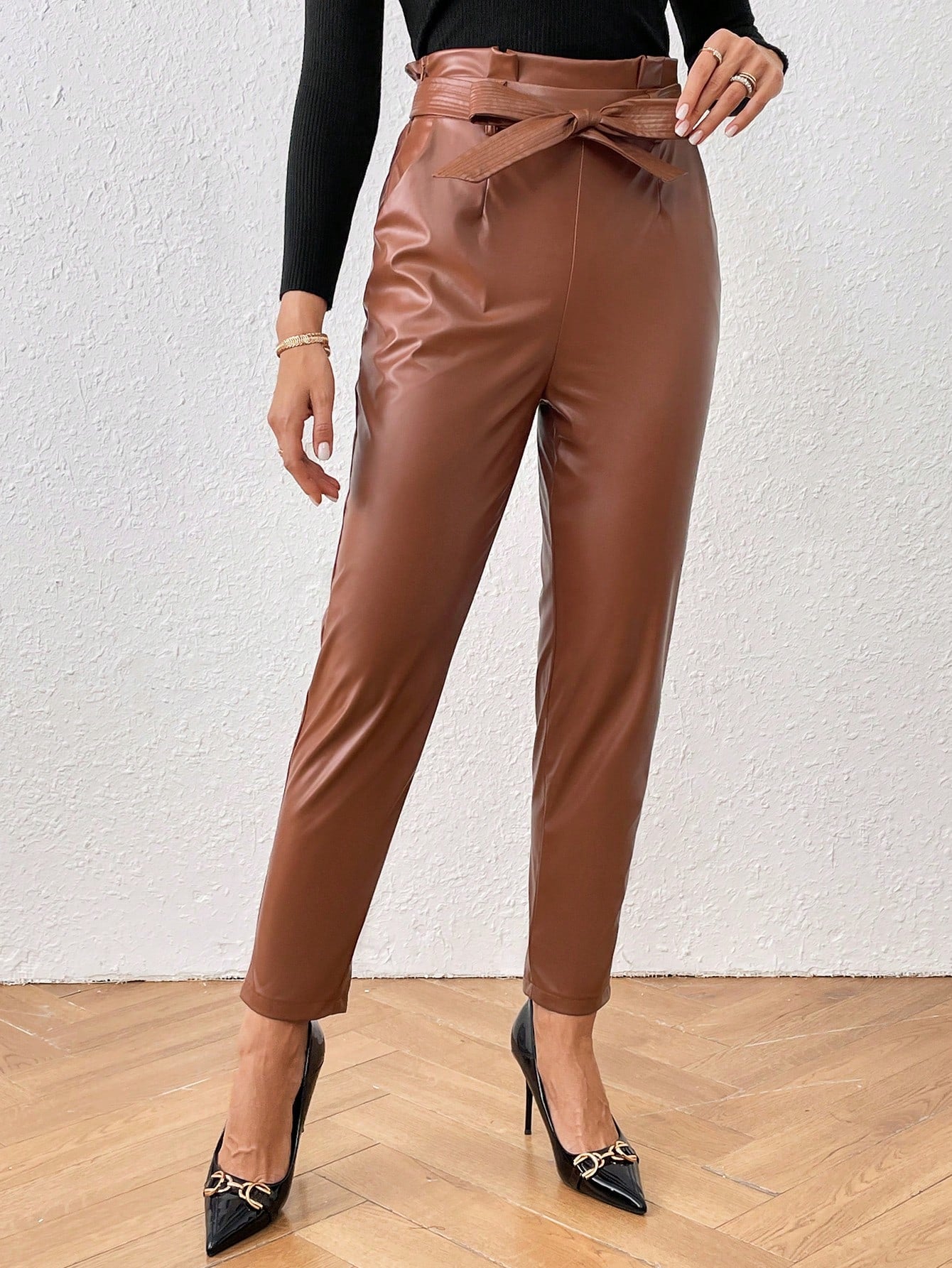 Women'S Pu Leather Pants With Belt