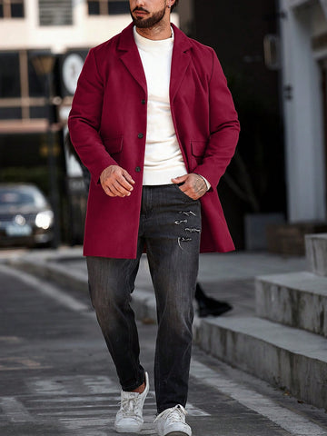 Men Lapel Collar Single Breasted Overcoat