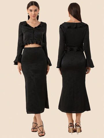 Ruffle Trim Cropped Top And Skirt Set