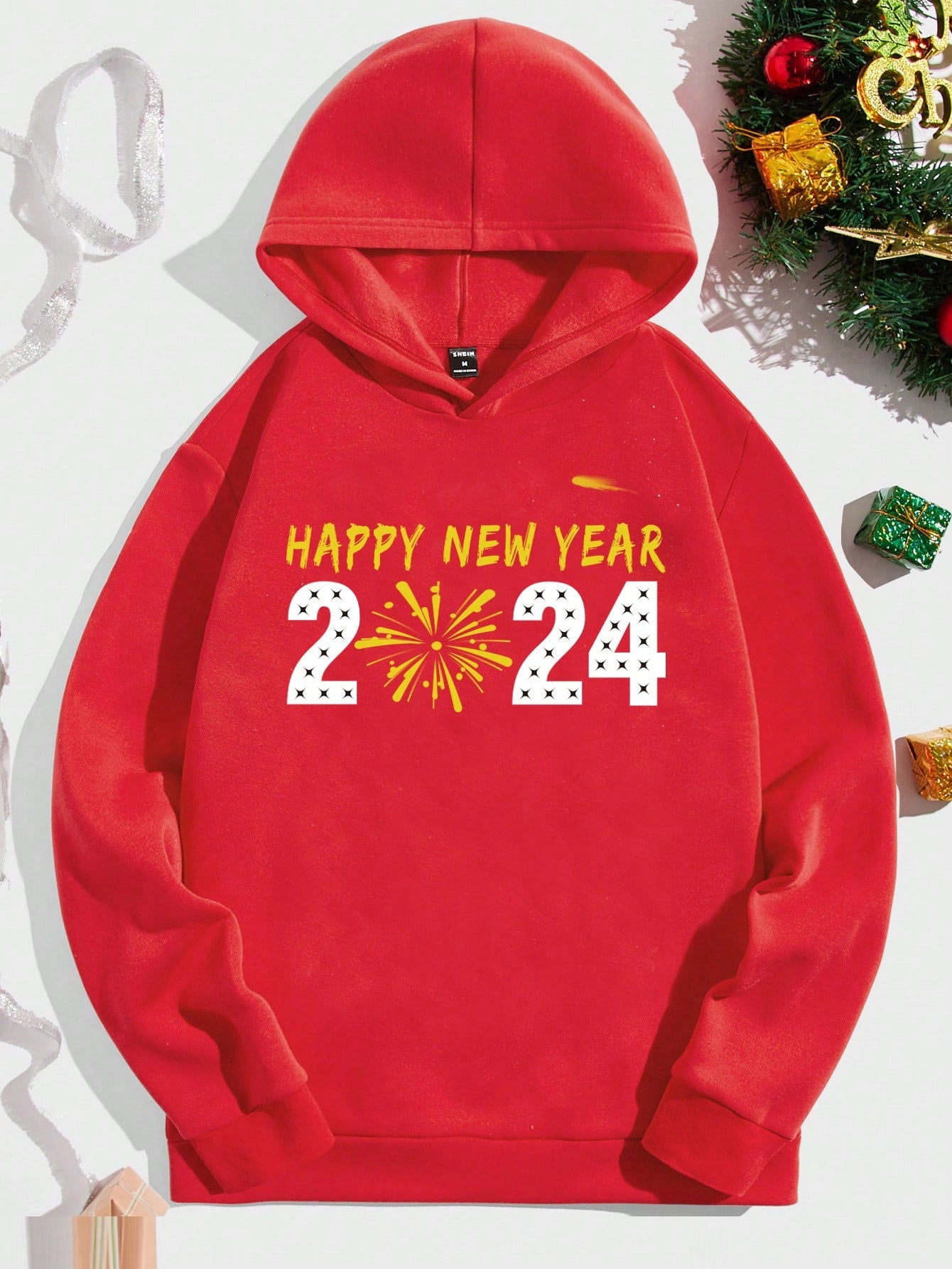 Men's Hooded Fleece Oversized Sweatshirt With New Year Slogan Print