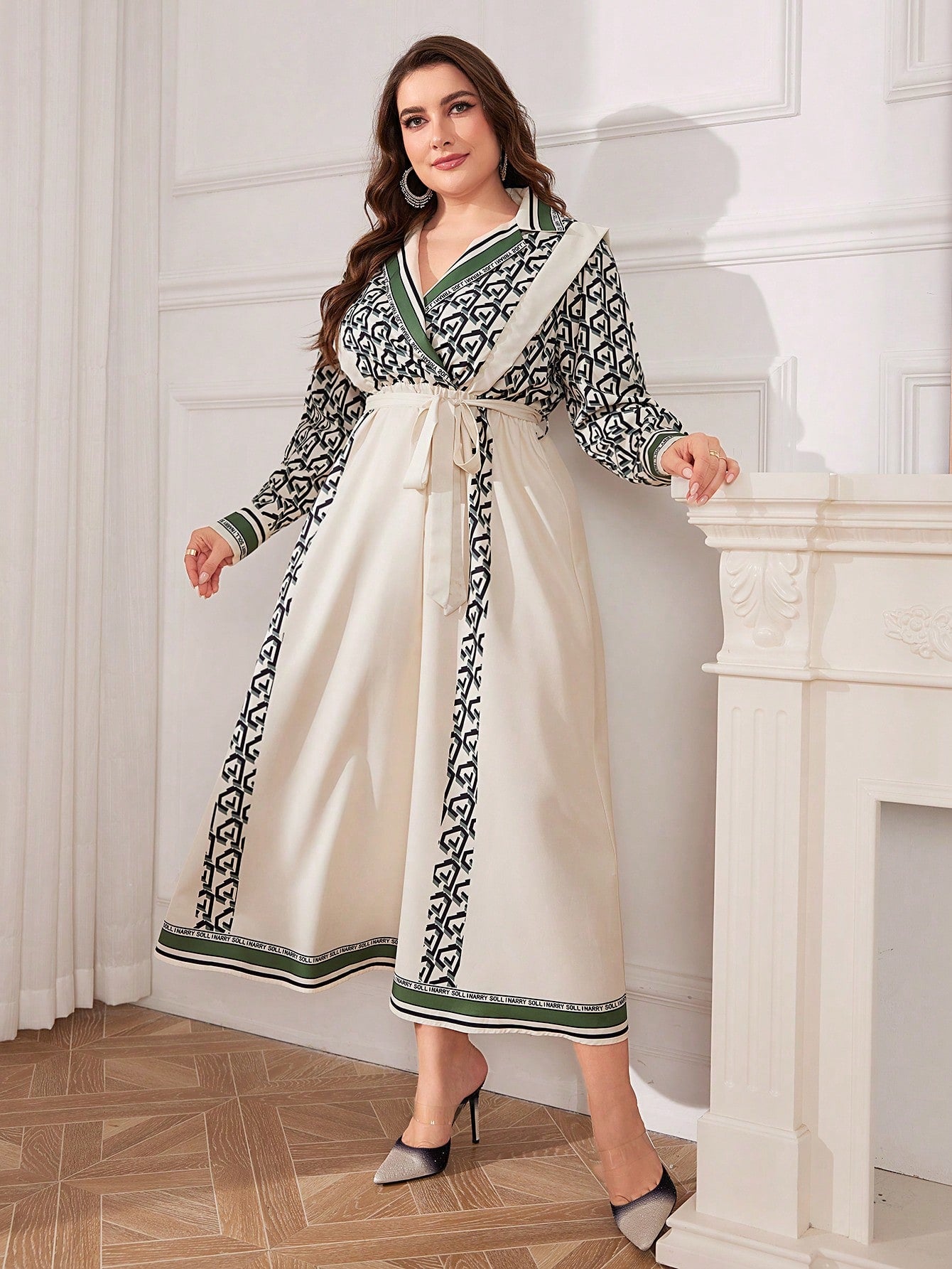 Plus Size Colorblock Geometric Panel Long Sleeve Belted Two-In-One Dress