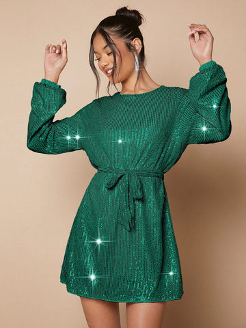 Lantern Sleeve Sparkly Dress