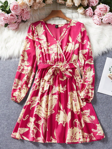 Women's Flower Print Belted Dress