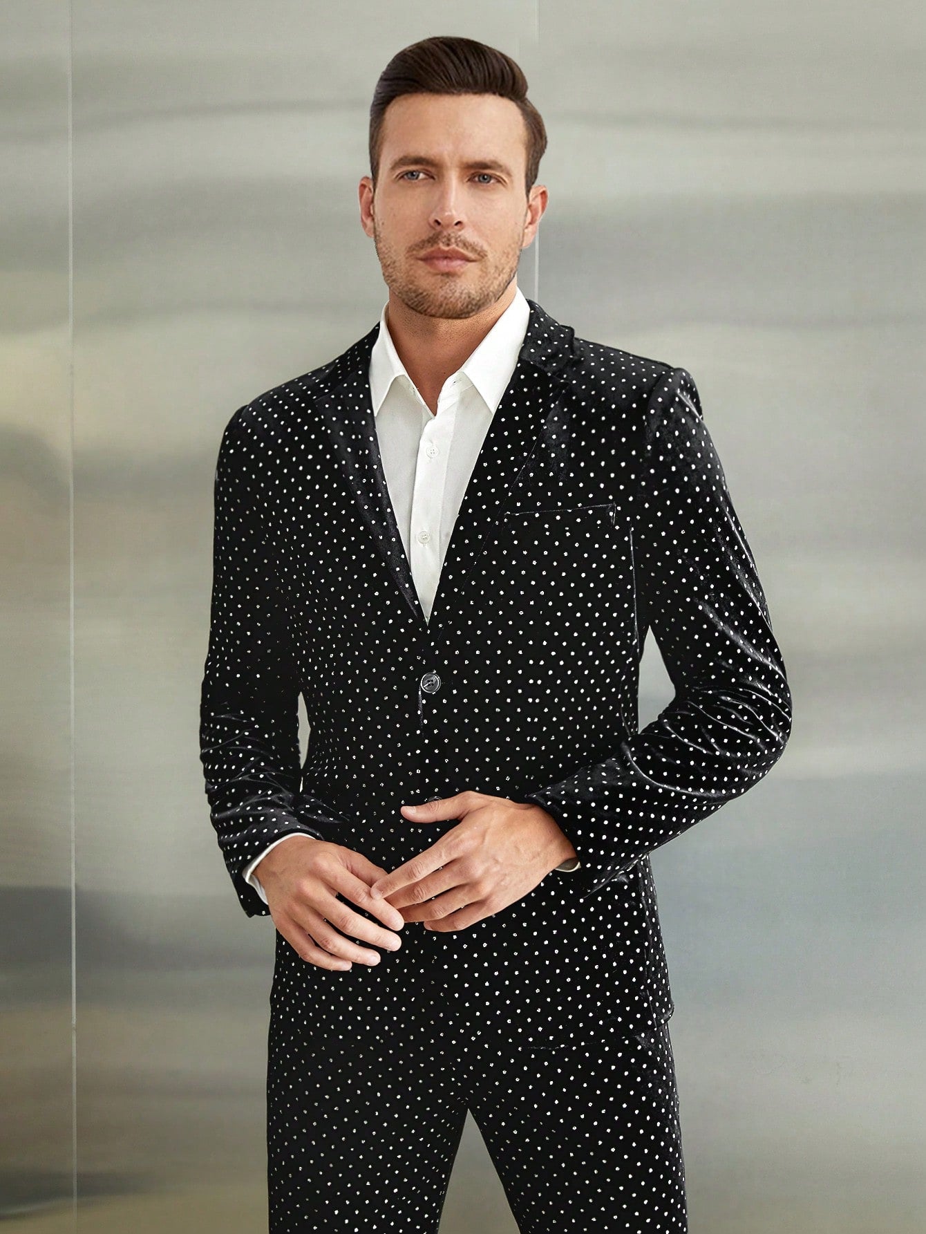 Men's Black Velvet Blazer With Polka Dots