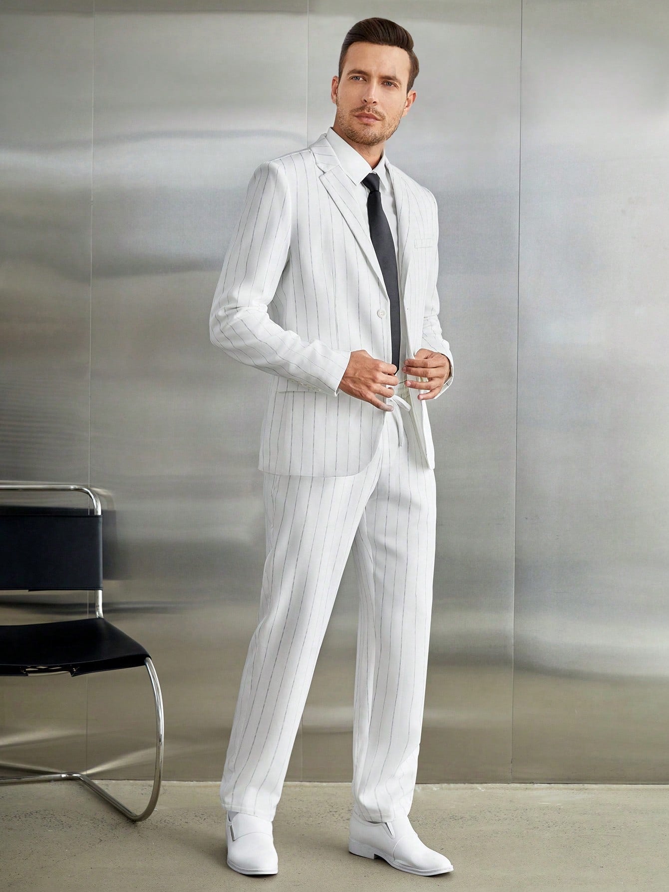 Men's Notched Lapel Striped Long Sleeve Suit Jacket And Pants Set