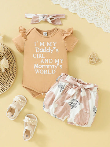 Infant Girls' Slogan Printed Jumpsuit With Color Block Shorts Set