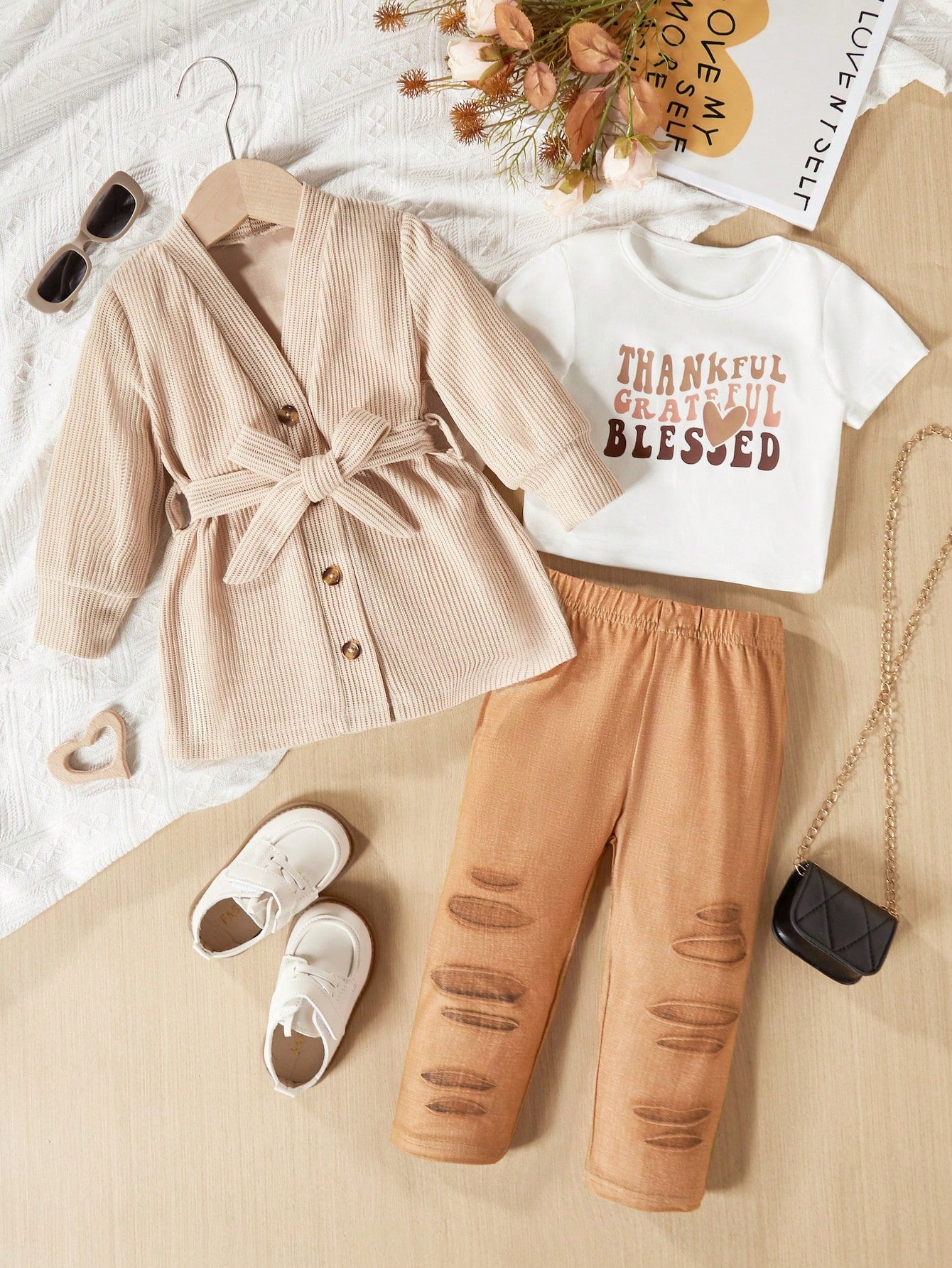 Baby Girls' Casual Comfortable Jacket With Button Fastening & Waist Belt, Letter Printed T-Shirt And Jeans Effect Pants, 3pcs/Set