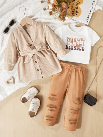 Baby Girls' Casual Comfortable Jacket With Button Fastening & Waist Belt, Letter Printed T-Shirt And Jeans Effect Pants, 3pcs/Set