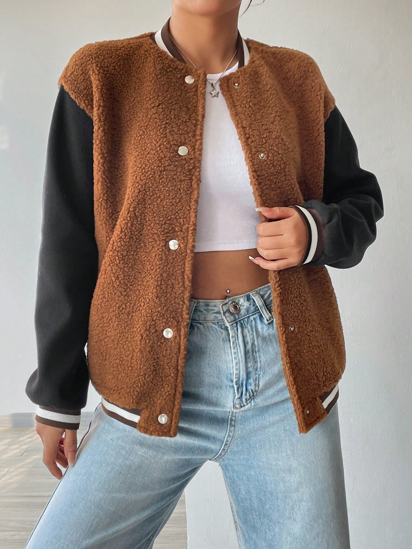 Color-Block Lamb Fur Patchwork Jacket