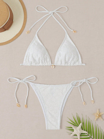 Jacquard Triangle Cup Bikini With Knotted Side Swimwear Set Wedding