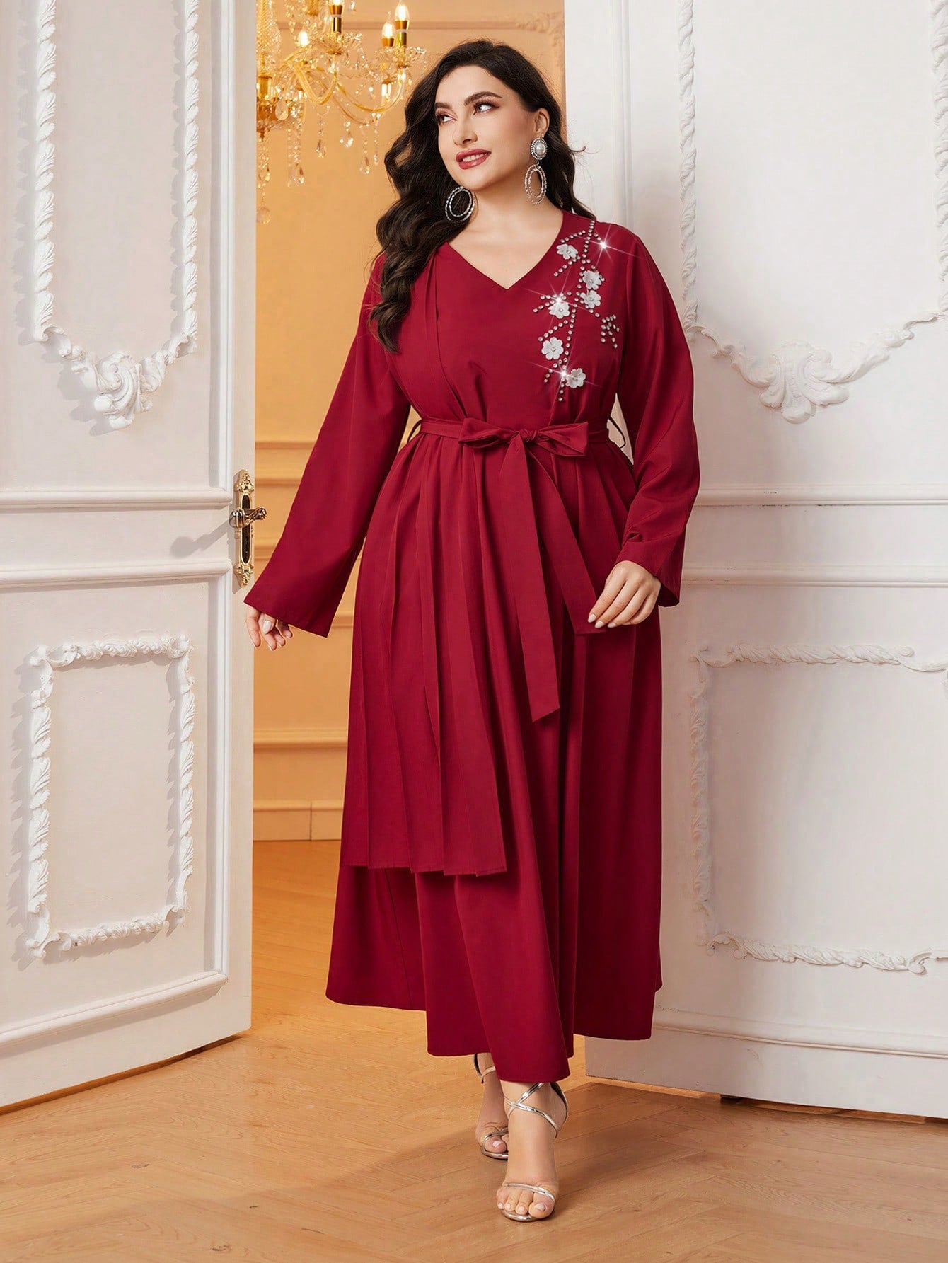 Plus Size Long Sleeve Dress With Rhinestone & 3d Flower Decor And Waist Belt