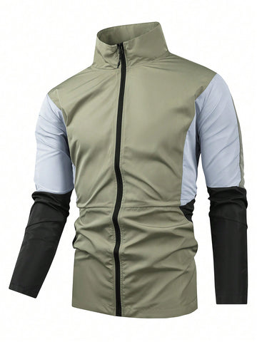 Men'S Contrast Color Zipper Sports Jacket Workout Tops