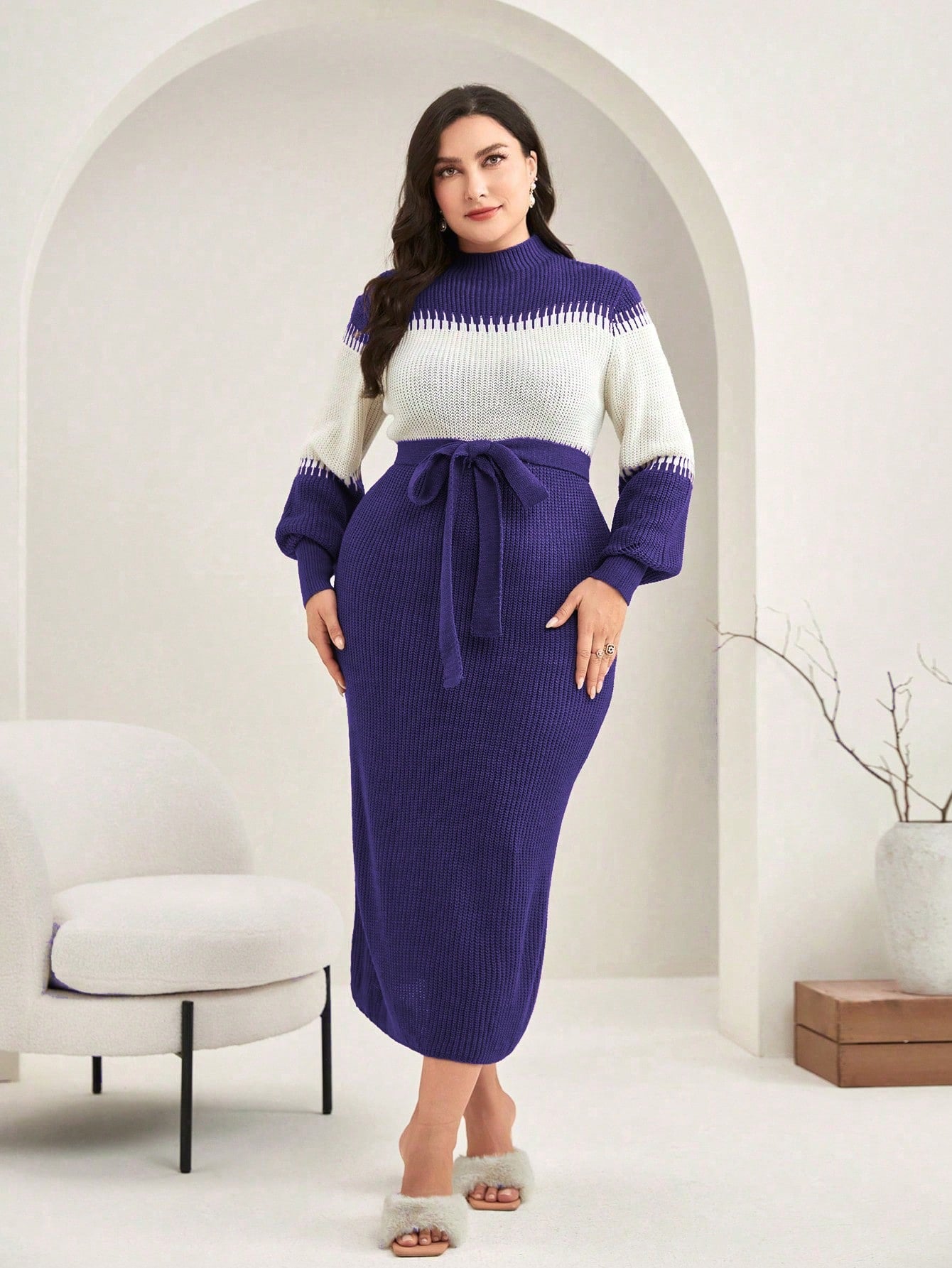 Women's Plus Size Color Block Lantern Sleeve Stand Collar Knitted Sweater Dress