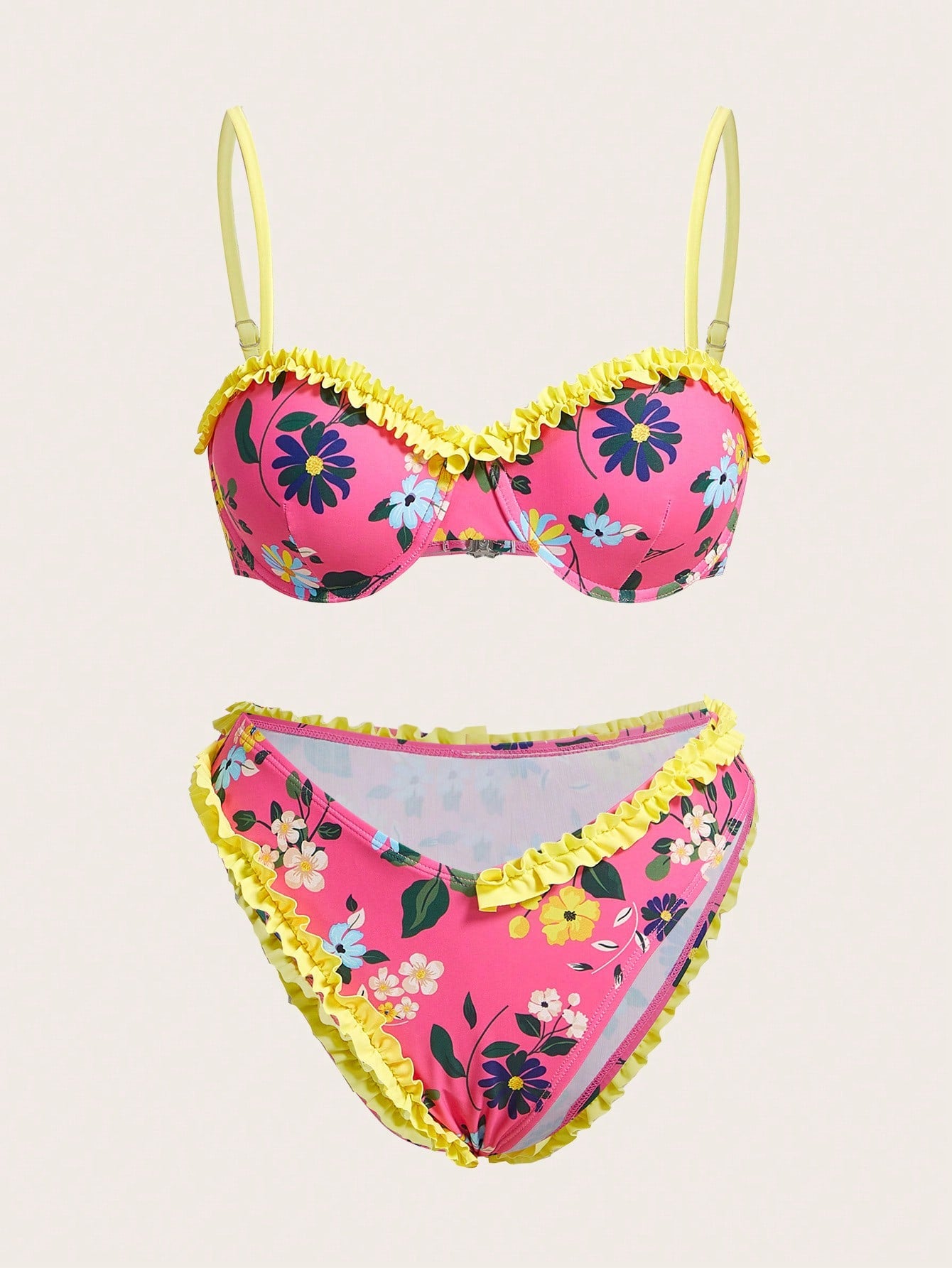 Women's Swimwear Set With Frill Trim & Flower Print Design