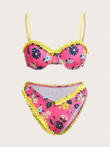 Women's Swimwear Set With Frill Trim & Flower Print Design