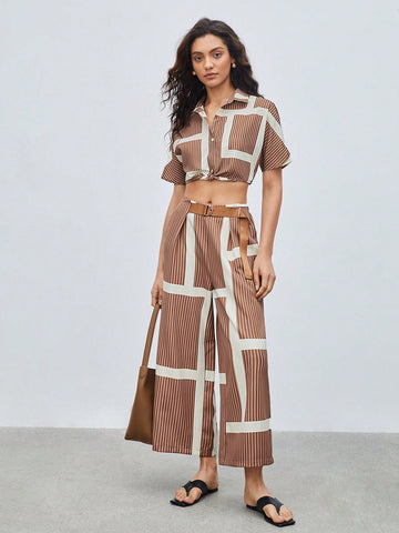 Women'S Color Block Striped Belted Wide Leg Pants