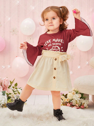 Baby Girl's Fun Little Cake Print Bell Sleeve Top And Belted Skirt Set