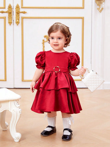 Baby Girl Elegant Red Satin Puff Short Sleeve Dress