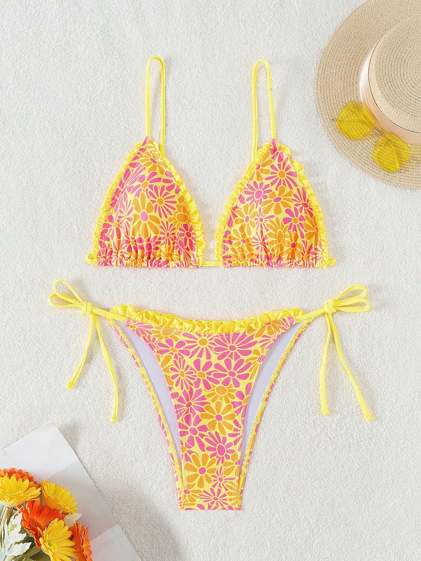 Random Floral Print Triangle Cup Knotted Side Bikini Set Music Festival