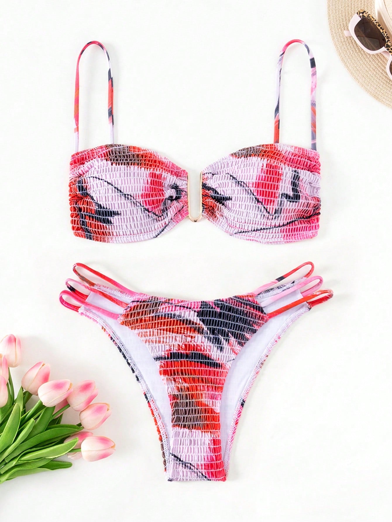 Tie-Dye And Rope Printed Two Pieces Swimsuit Set