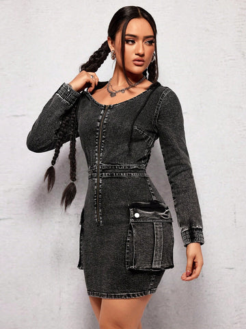 Hooded Cargo Denim Dress