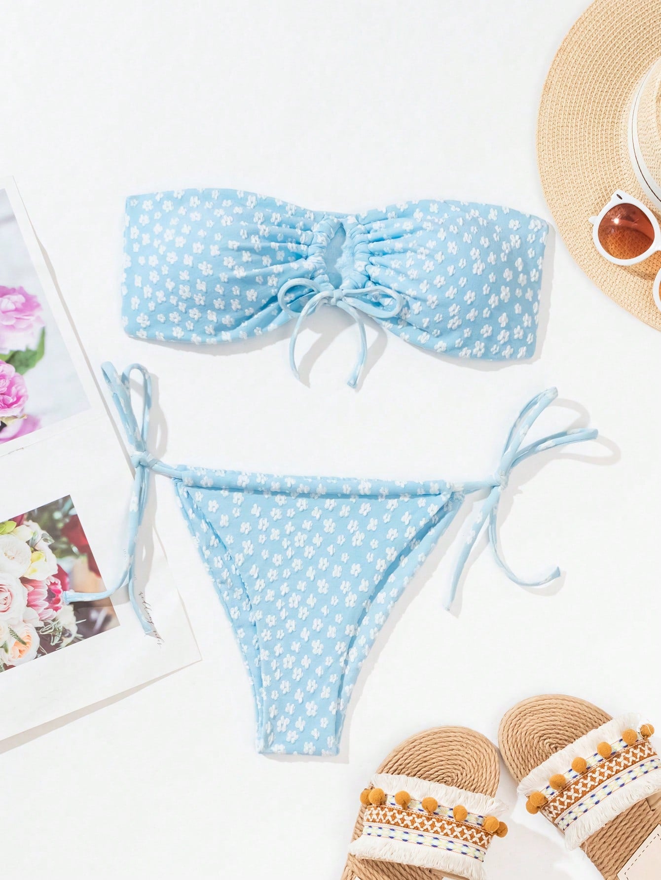 Women'S Small Floral Strapless Bikini Set With Printed Ribbon