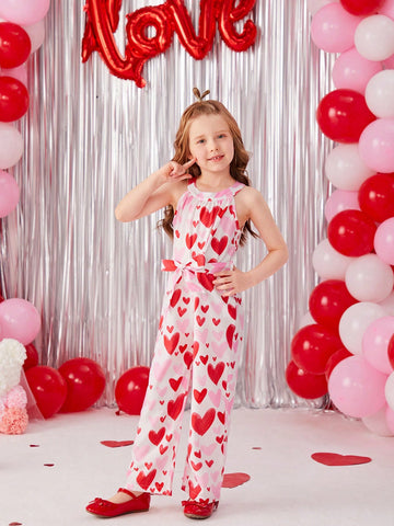 Girls' Heart Pattern Halter Jumpsuit With Belt