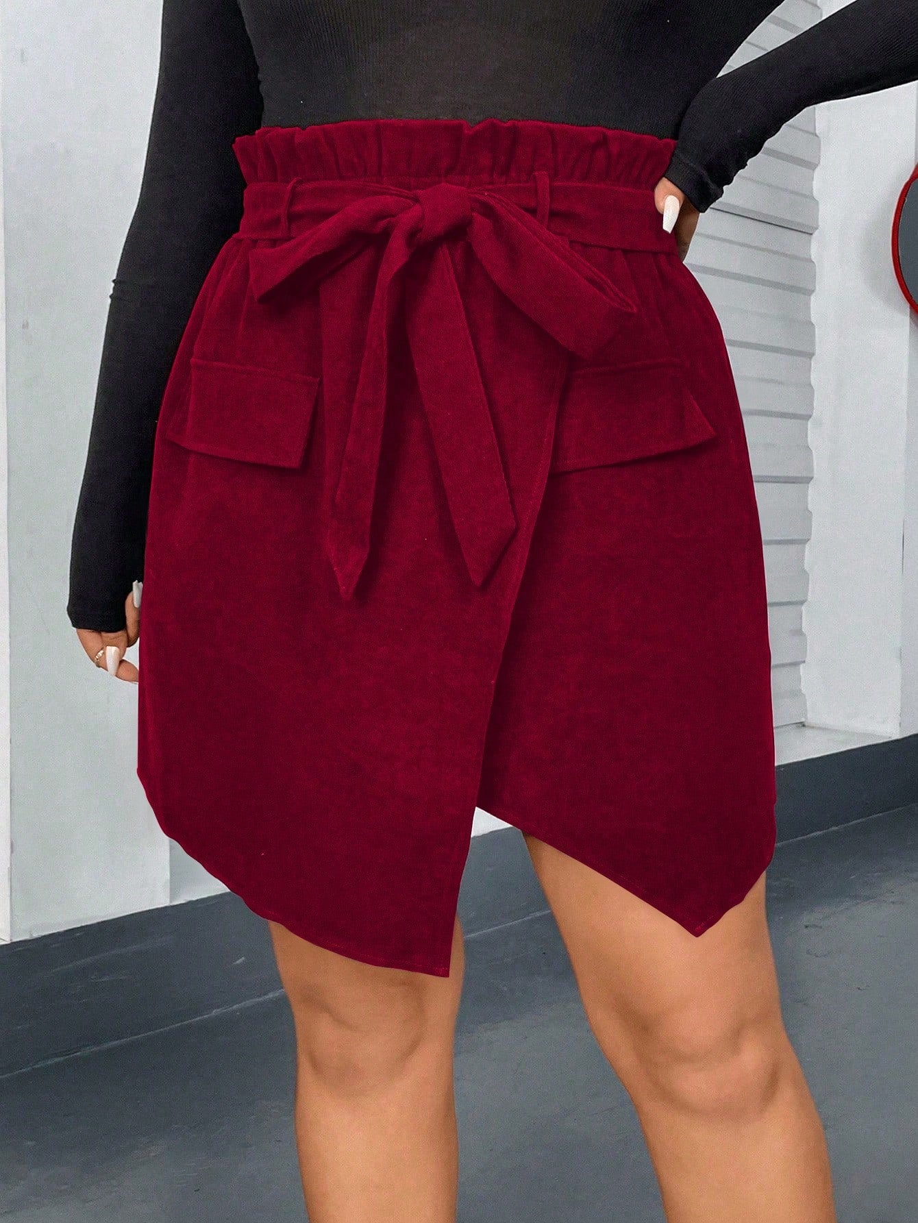 Plus Size Solid Color Wrap Skirt With Waist Belt