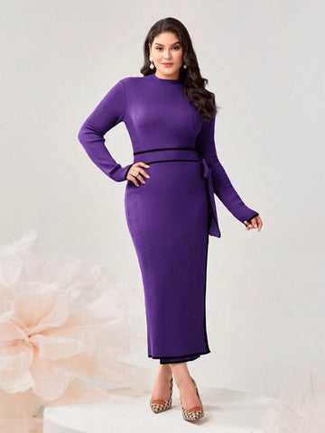 Plus Size Women's Elegant Fitted Sweater Dress With Color Contrast Details