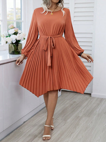 Plus Size Women'S Lantern Sleeve Pleated Hem Belted Dress