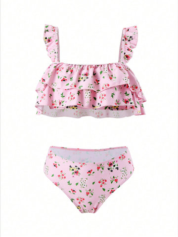 Random Floral Printed Multi Layer Ruffle Bikini Set