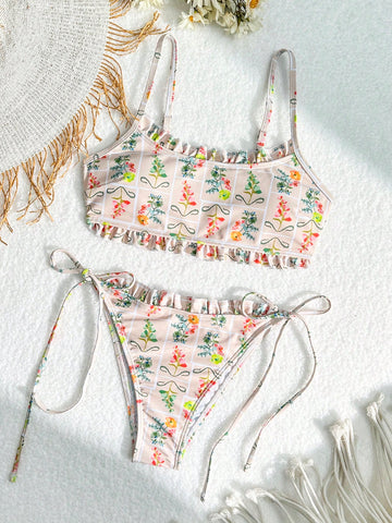 Random Floral Print Knotted Side Bikini Set