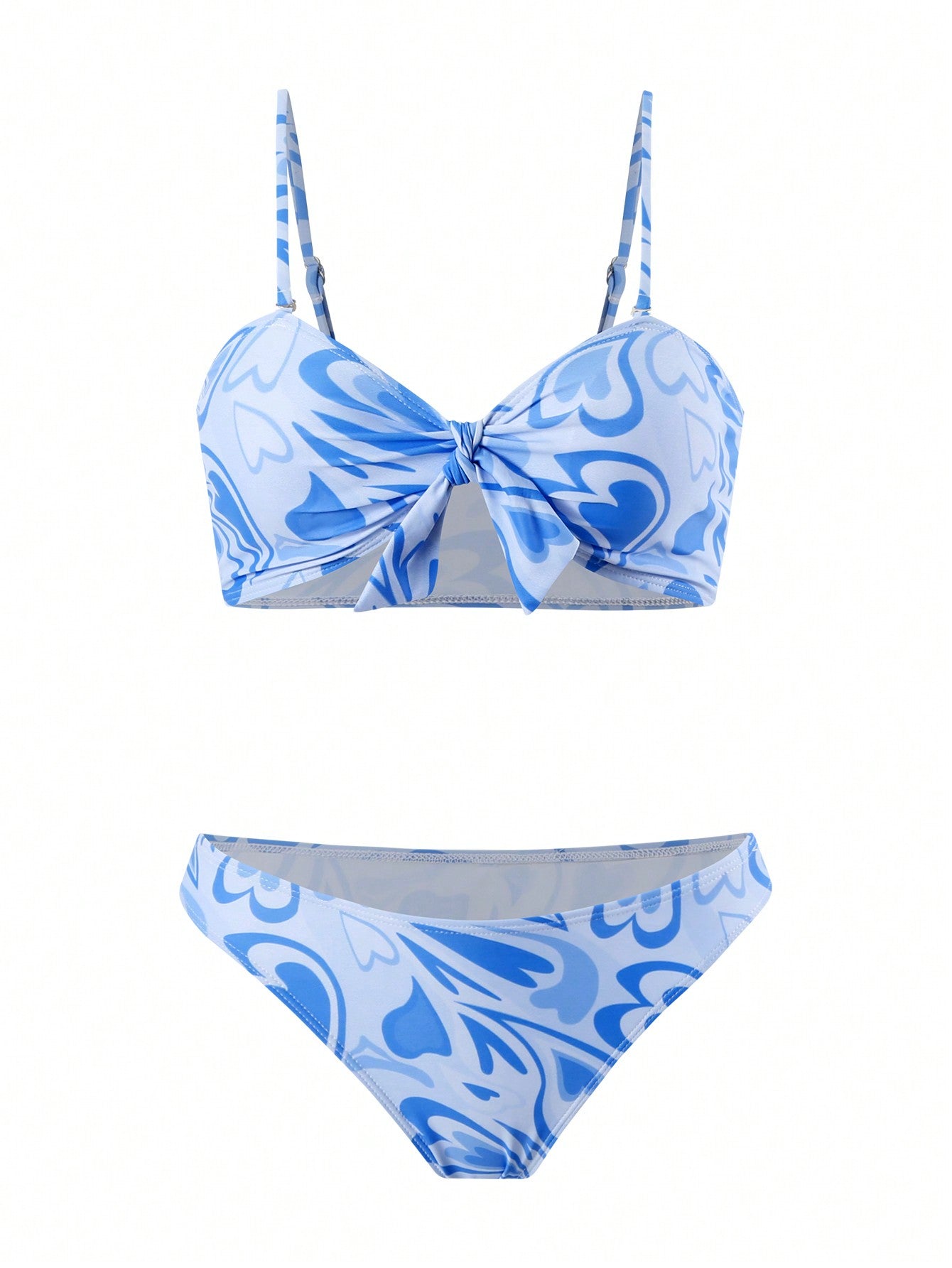 Random Heart Pattern Knot Front Bandeau Bikini Set