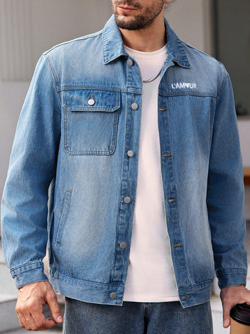 Men's Letter Embroidery Turn-Down Collar Pocket Denim Jacket