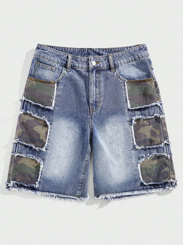 Men'S Camouflage Patchwork Frayed Denim Shorts