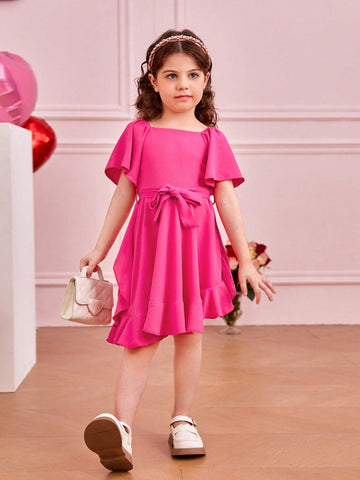 Young Girl Square Neck Butterfly Sleeve Ruffle Hem Belted Dress