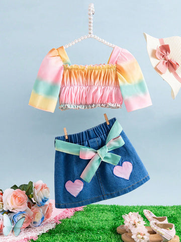 Baby Girls' 2pcs/Set Gradient Color Cute Puff Sleeve Top And Washed Denim Skirt, Spring/Summer