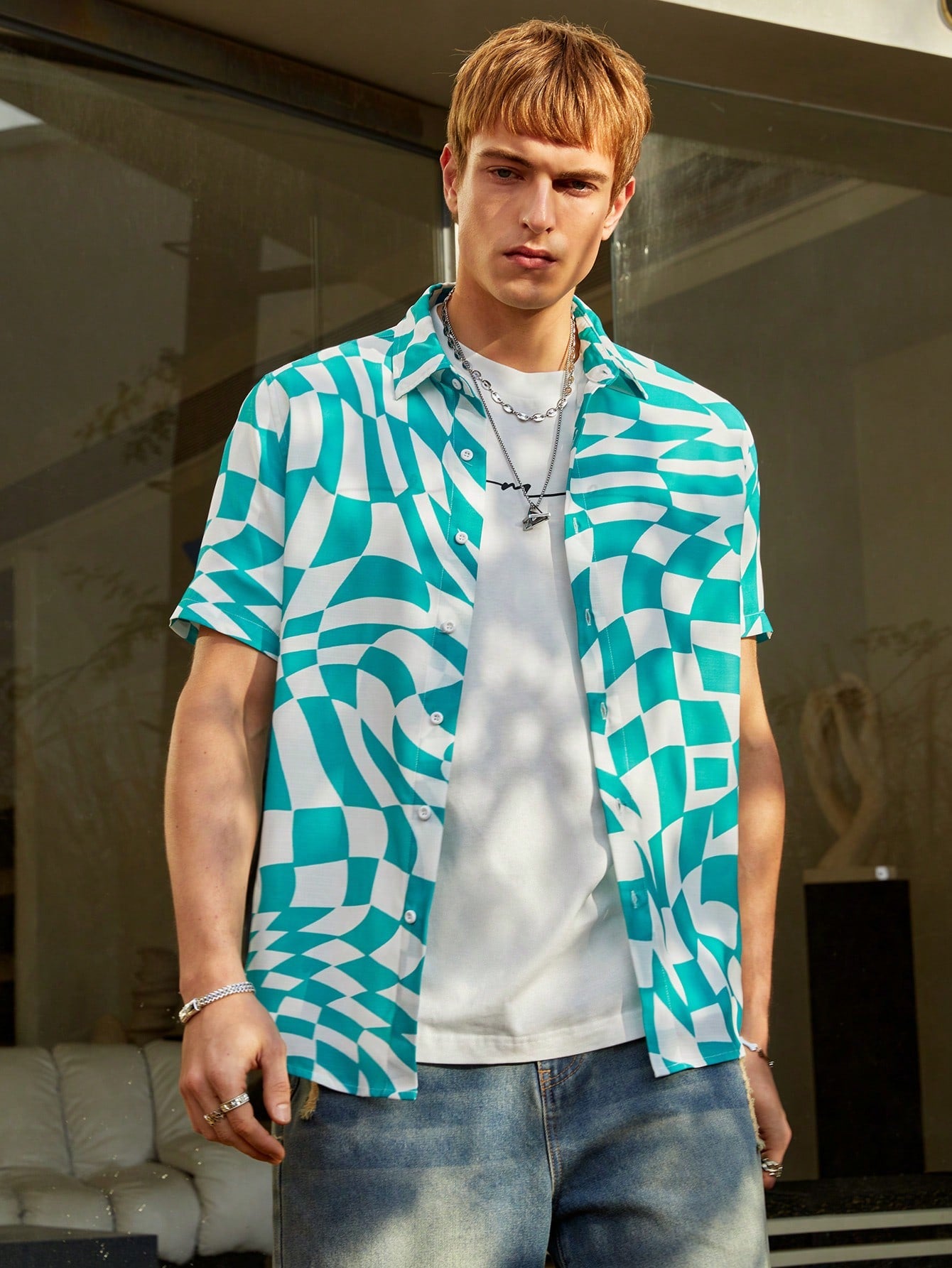 Men's Loose Fit Printed Short Sleeve Button-Down Casual Shirt