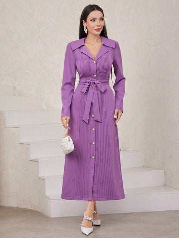 Women'S Solid Color Button-Front Lapel Collar Dress