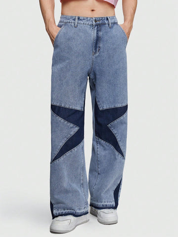 Men'S Contrast Color Star Print Wide Leg Jeans For Daily Wear, Suitable For Spring And Summer