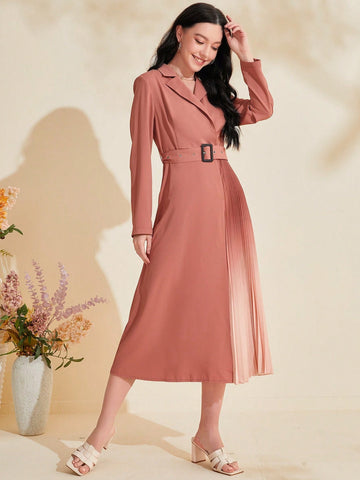 Women'S Color-Blocked Collar Pleated Hem Belted Dress