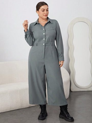 Plus Size Simple Spring Half Button Front Loose Wide Leg Jumpsuit