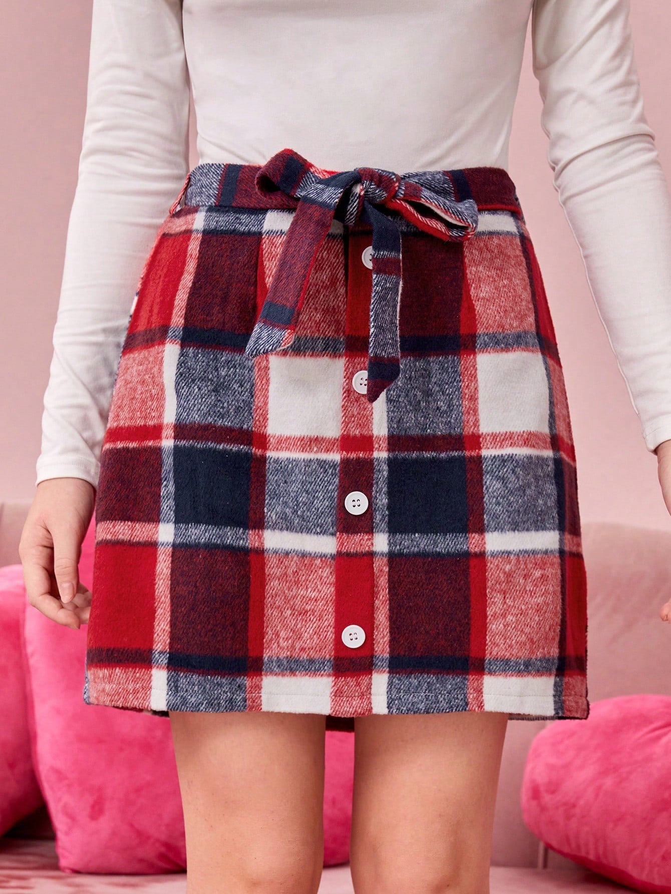 Teen Girls' Plaid Belted A-line Skirt With School Style