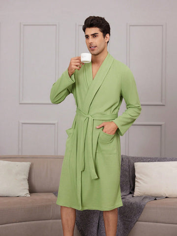 Men's Solid Color Bathrobe With Waist Belt